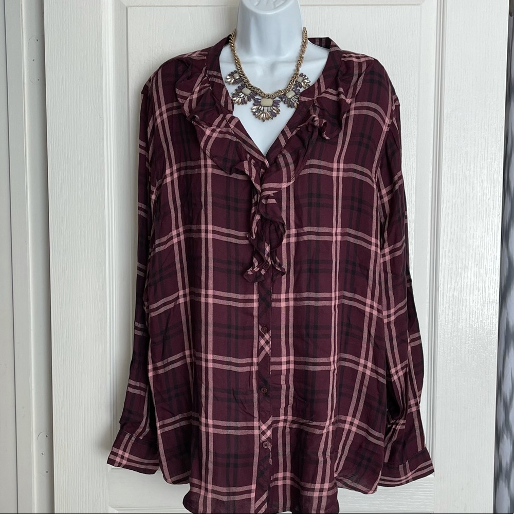 Plus Plaid Collarless Shirt
